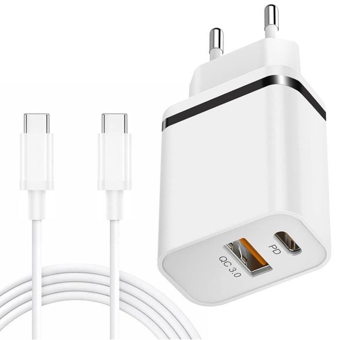 Chargeur Rapide 2-Port - E.F.Connection - PD + QC 3.0 - Câble USB-C 1M - Compatible Redmi 13C/14C/Note 13/Pro 5G/14 5G