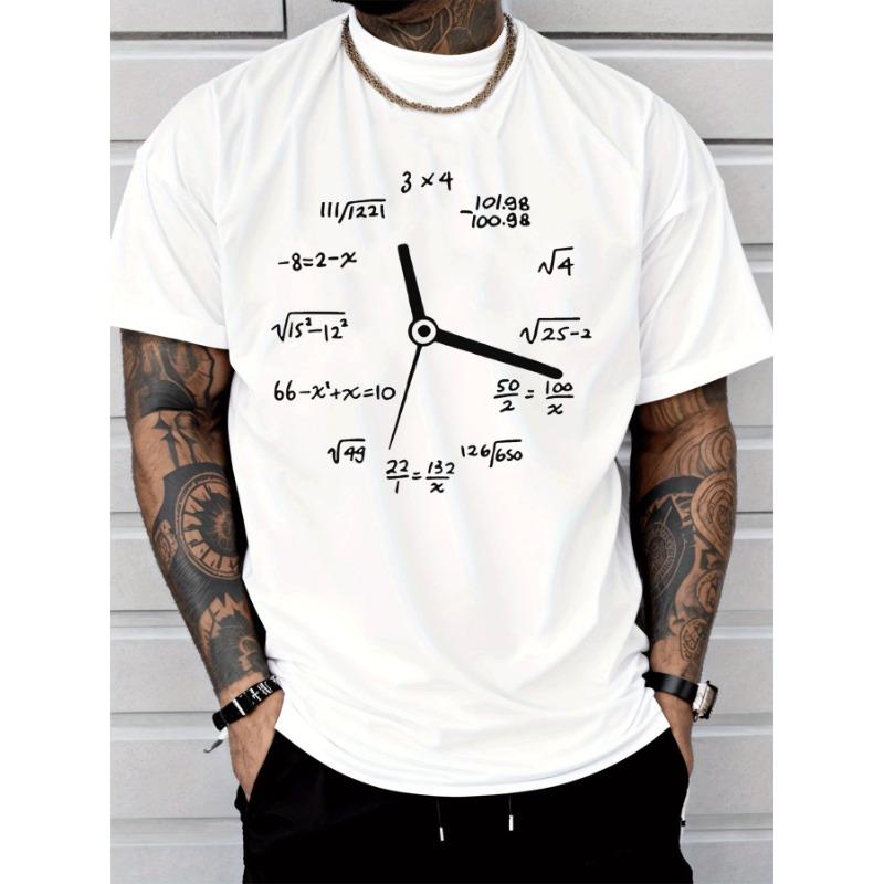 European Size Short Sleeve Men's Fashion Casual Trendy Street Style Graphic T Shirt with Clock Design Math Equations Formulas Numbers Symbols Pattern