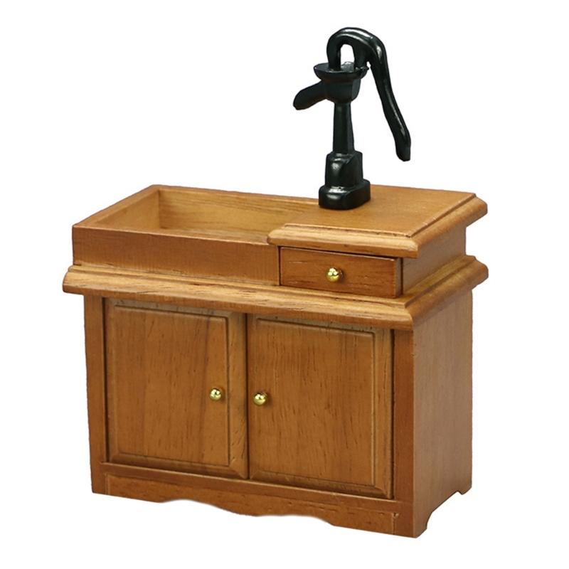 

1/12 Miniature Sink Cabinet Wood Water Sink with Faucet And Storage Drawer For Doll House Kitchen Scene Decoration 1