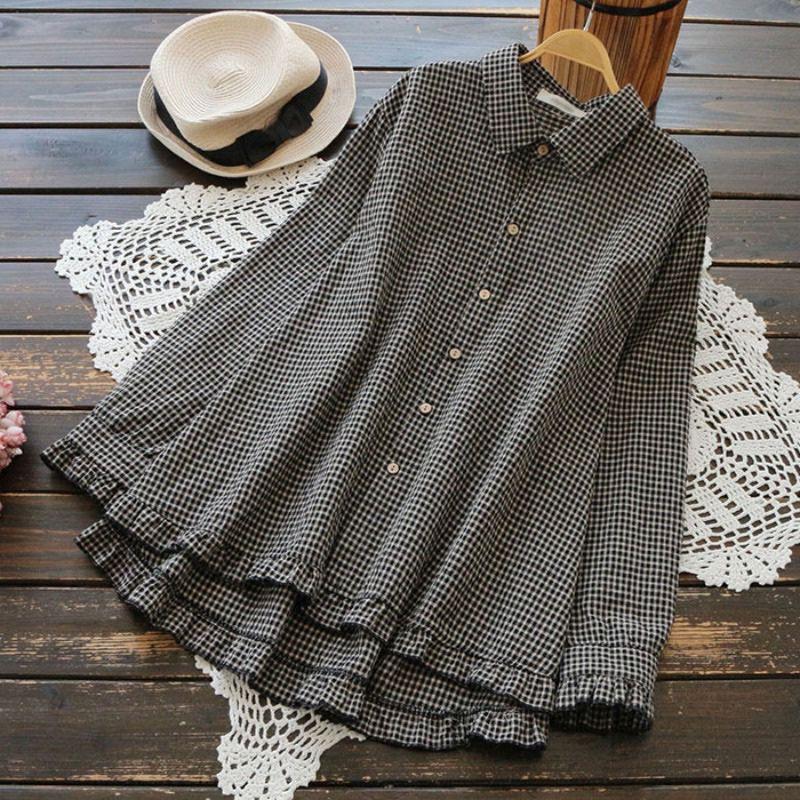 Осенний Корейский Ретро Повседневный Уличный Стиль Топ Женский С Отложным Воротником Однобортный В Клетку Свободный Длинный Рубашка Шикарный Офисный Леди XS чёрный