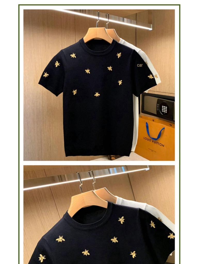 Men's Trendy European Bee Embroidery Knit T-Shirt, Short-Sleeved, Round Neck, Light Luxury Style