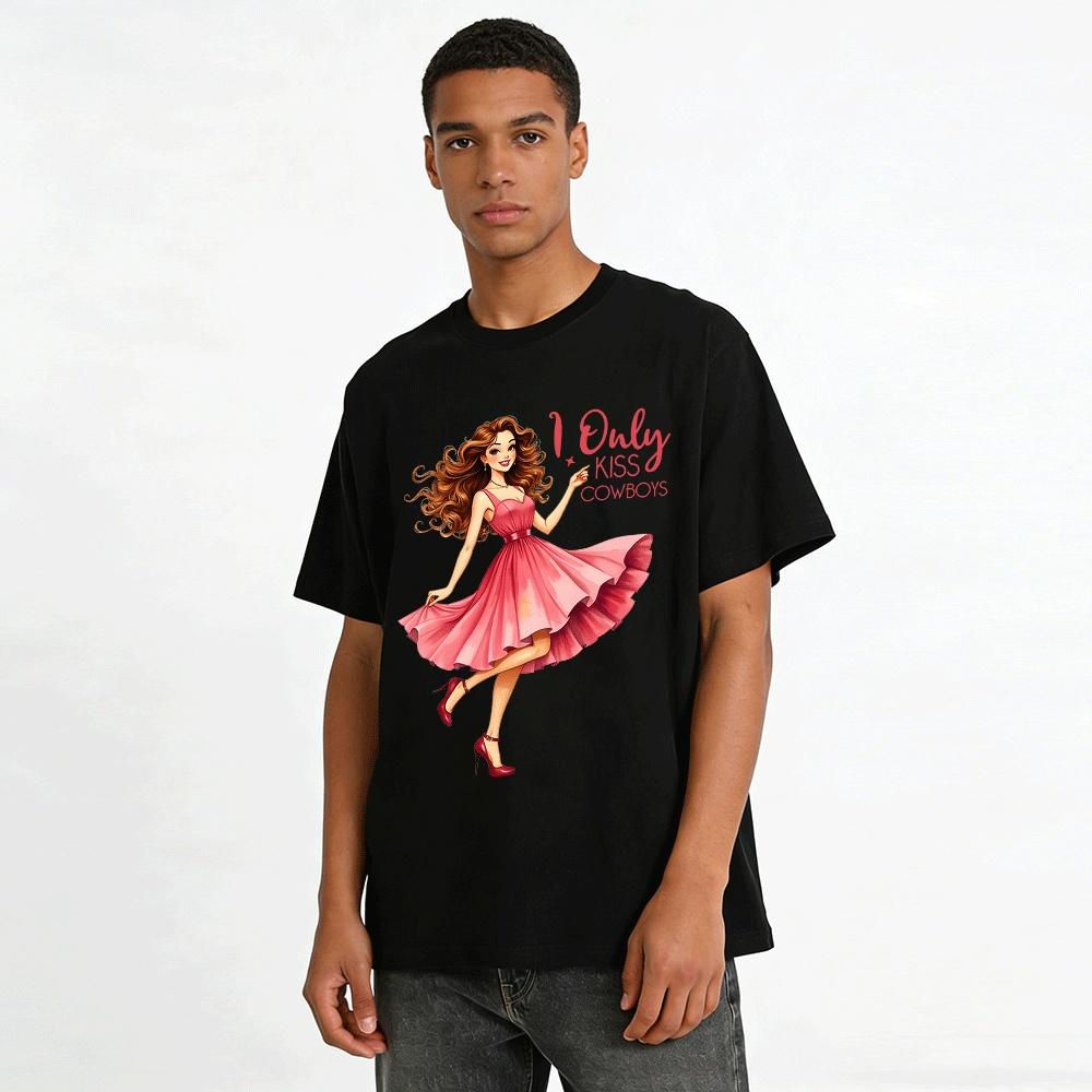 I Only Kiss Cowboys Print Retro Style Cute Cowboy Fan Dress Pure Cotton T-shirt