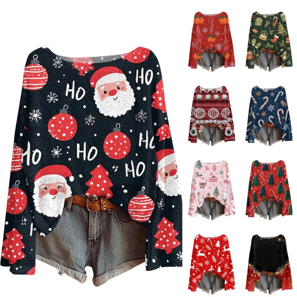 Damen Weihnachtsdruck Leichter Strickpullover Langarm Lässiger Pullover Top