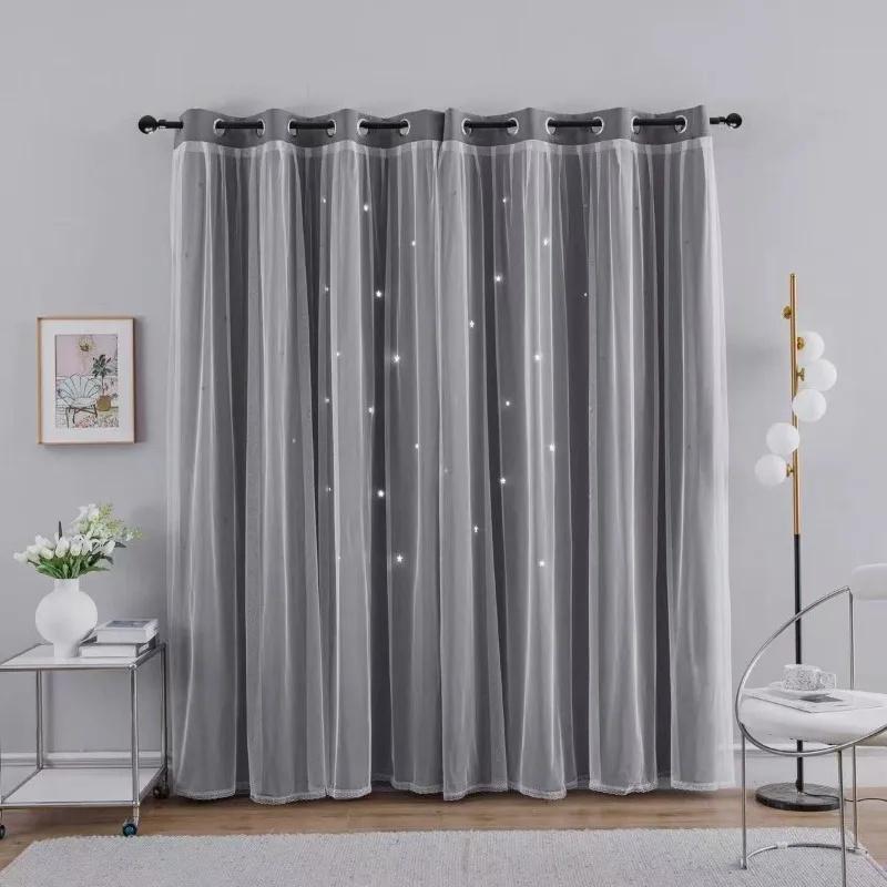 Lace Blackout Curtains Double Layer with Sheer Star Pattern Embroidery Thermal Insulated Curtain Princess Curtain Luxury Double Layer Curtains
