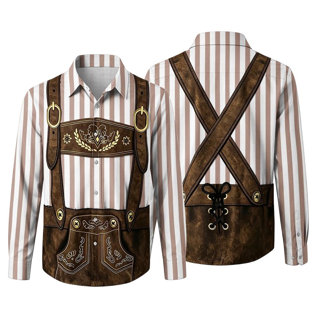 Men's Loose Fit Long Sleeve Shirt 3D Print Oktoberfest Style Button Down Shirt Casual Vintage Design Breathable Fabric Suitable for Outdoor Party