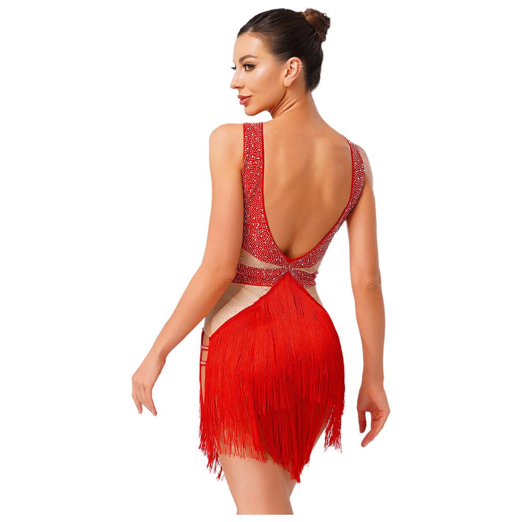 Womens Latin Tango Dance Leotard Allover Rhinestones Backless Tiered Tassel Contrast Color Bodysuit Performance Jumpsuit