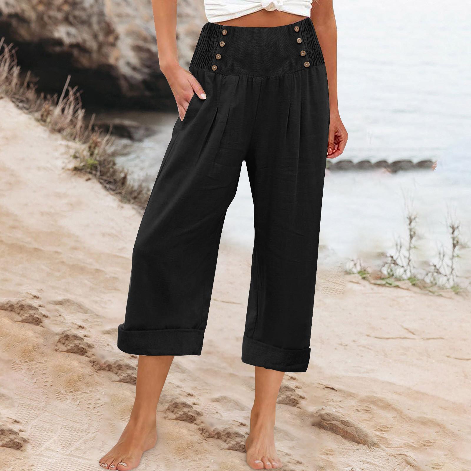 

Pants For Women Wide Leg Yoga Pants With Pockets Button High Waist Casual Dress Crop Pants Loose Soft Pajama Sweatpants XXXL чёрный