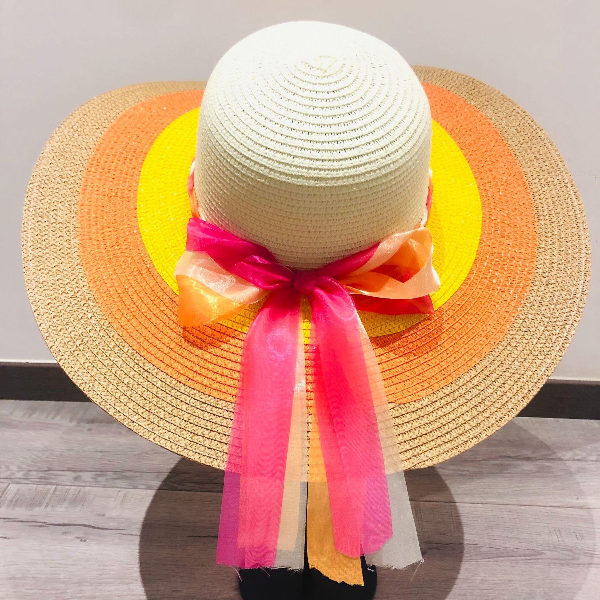 Straw Hat Women s Summer Sun Hat Beach Hat Beach Leisure Vacation Fashionable Sun Hat Folding Big Edge Rainbow Hat 58-60CM