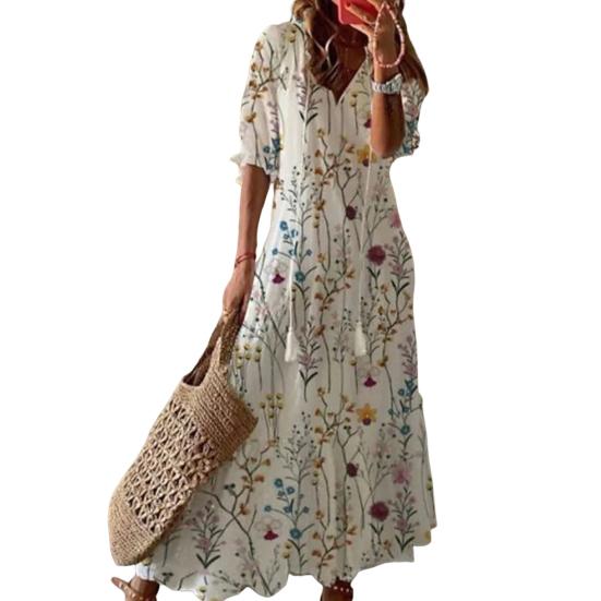 V-neck Half Sleeve Lace-up Tassel Large Hem Female Dress Summer Floral Print Beach