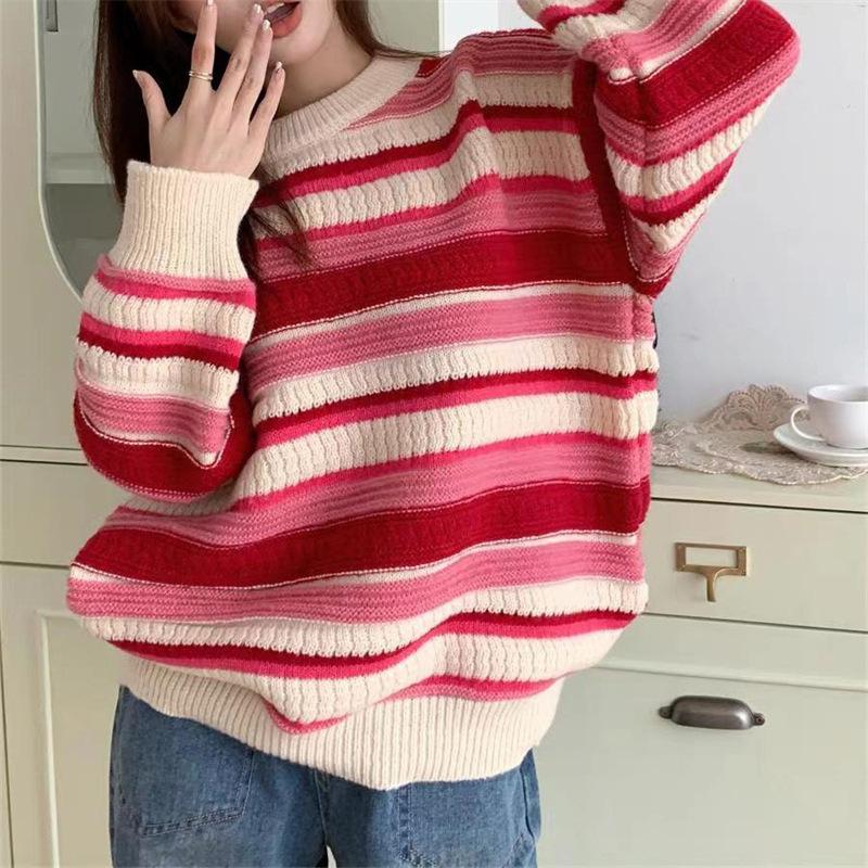 

Large size loose contrasting striped crew neck sweater women wear retro lazy style knitted sweater top women in autumn and winter Average size 56-291 рожевий