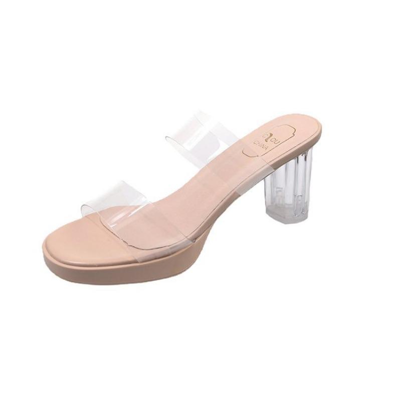 

Large size high-heeled women s shoes summer new with skirt temperament sandals thick heel round head slippers women 35 абрикосовый