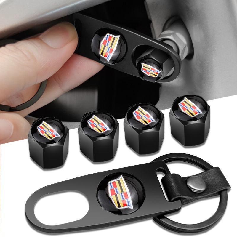 4pcs for Cadillac Escalade CTS BLS SLS STS CT5 XT5 XTS XLR SRX Deville Car Wheel Valve Stems Caps with Keychain Auto Accessories zd7
