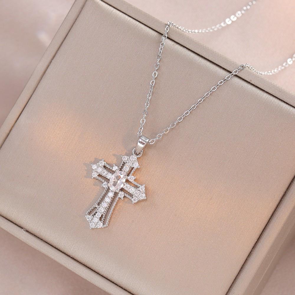 Damen Bunte Zirkon Kreuz Halskette - Nischendesign mit Voll-Diamant-Anhänger an Edelstahlkette