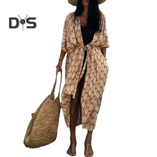 

Женский бикини-кардиган, свободный, дышащий, с V-образным вырезом, накидка с принтом, на шнуровке, свободный крой, пляжный халат, повседневная одежда жёлтый