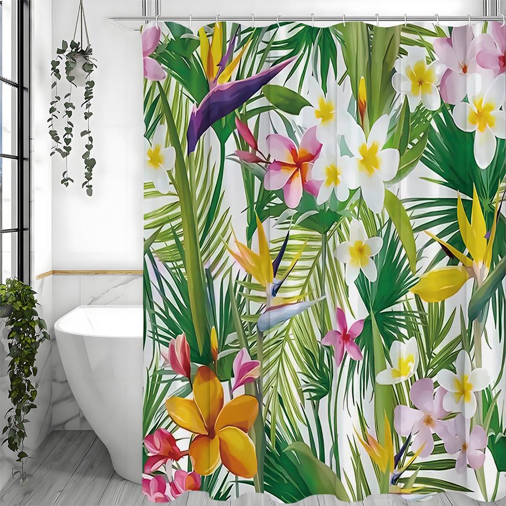 Tropical Plant Flower Shower Curtain, Bathroom Decorative Shower Curtain, Waterproof Shower Curtain with Hooks