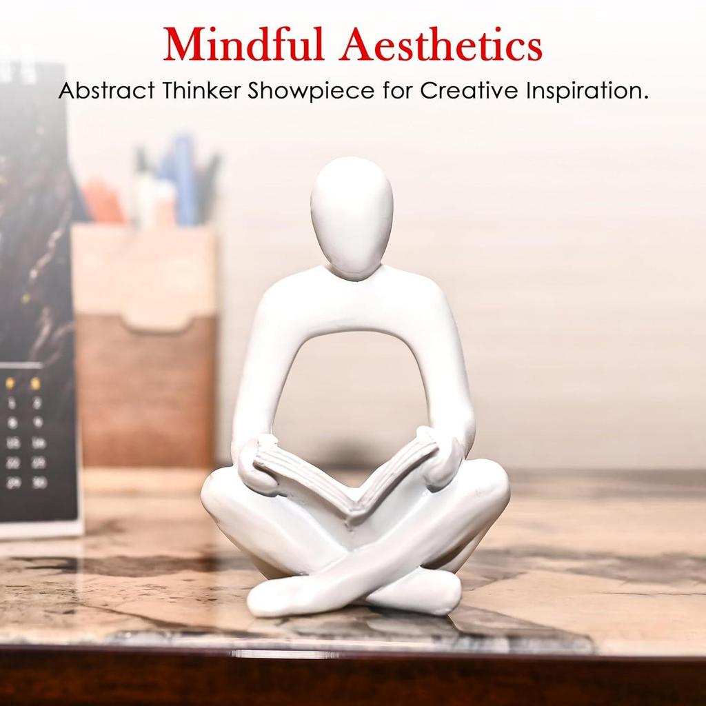 White Abstract Thinker Statue with Book – Modern Resin Figurine for Home & Office Décor | Small Intellectual Accent Piece Holding Book