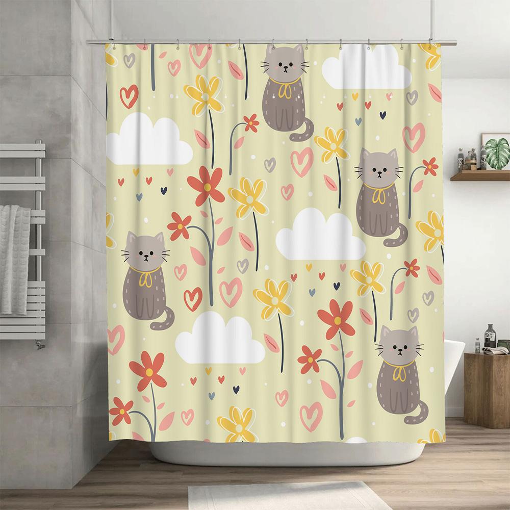 Cute Cats Flowers Shower Curtain Bathroom Decor For Home Decoration Waterproof Fabric With Hooks Set (White)