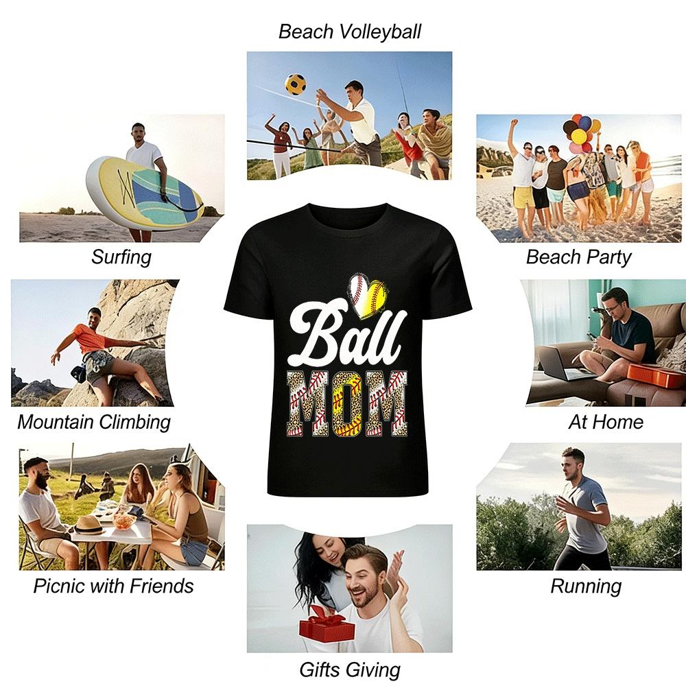 Leopard Print Baseball Softball Heart Graphic Ball Mom Casual Top Pure cotton T-shirt