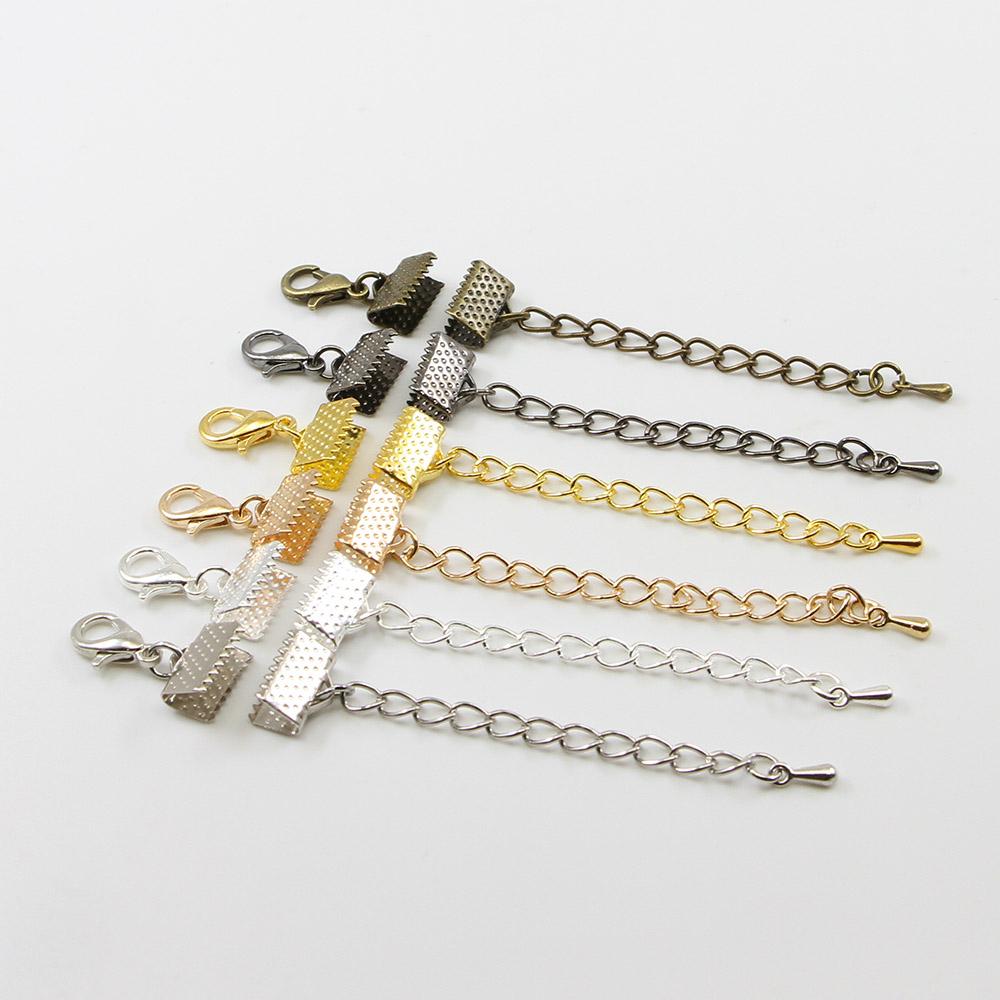 10pcs/lot Ribbon Leather Cord End Fastener Clasps With Chains Lobster Clasp Connectors For Bracelet DIY Jewelry Making Wholesale