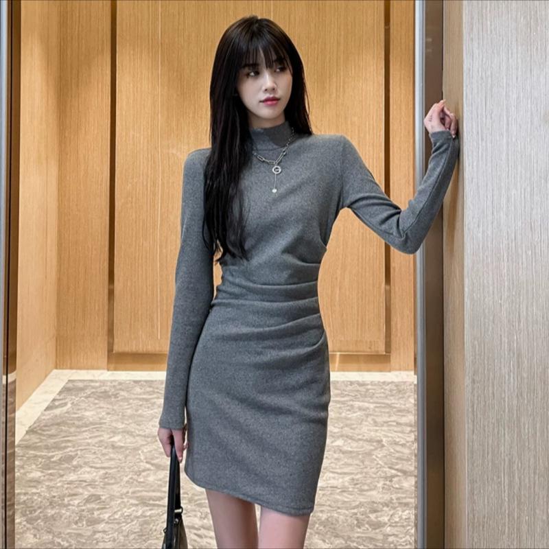 Velvet Women's Dress: Autumn/Winter Semi-High Neck, Long Sleeve, Slim Fit Hip Wrap Skirt