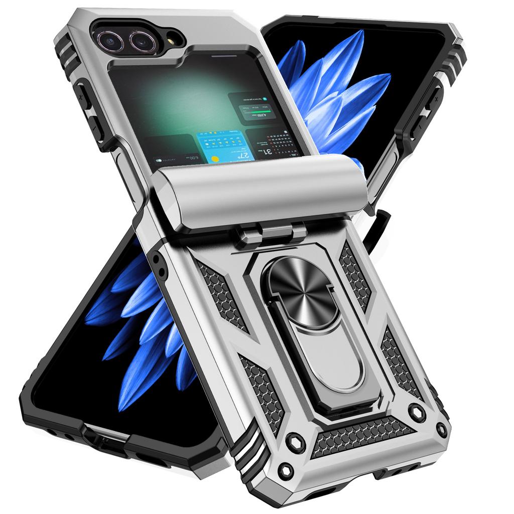For Samsung Galaxy Z Flip 6 5 4 3 Case with Slide Lens Cover, 360° Magnetic Ring Kickstand Upgraded Military Grade Shockproof