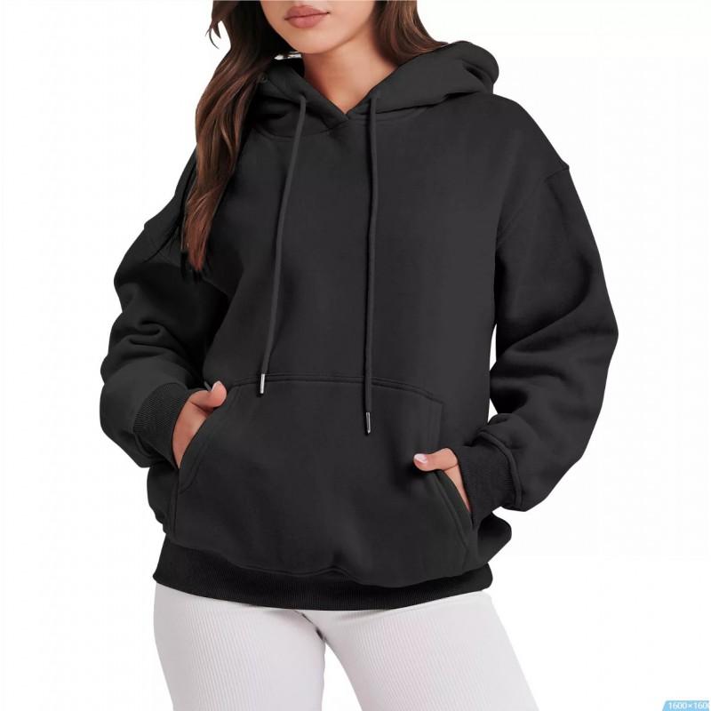 Womens Solid Color Hooded Sweatshirt Casual Loose Fit Long Sleeve Top
