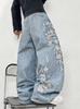 American Retro Y Rose Embroidered Jeans High Waist Straight Loose and Thin Denim Trousers