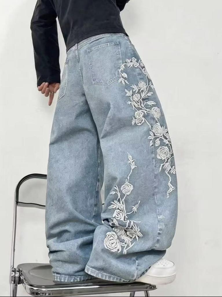 American Retro Y Rose Embroidered Jeans High Waist Straight Loose and Thin Denim Trousers