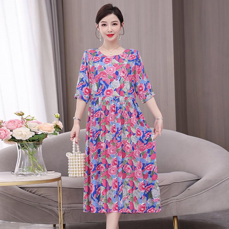 Women's Round Neck Five-Point Sleeve A-Line Floral Print Midi Dress Loose Casual Vintage Style Summer Daily Mom Long Dress