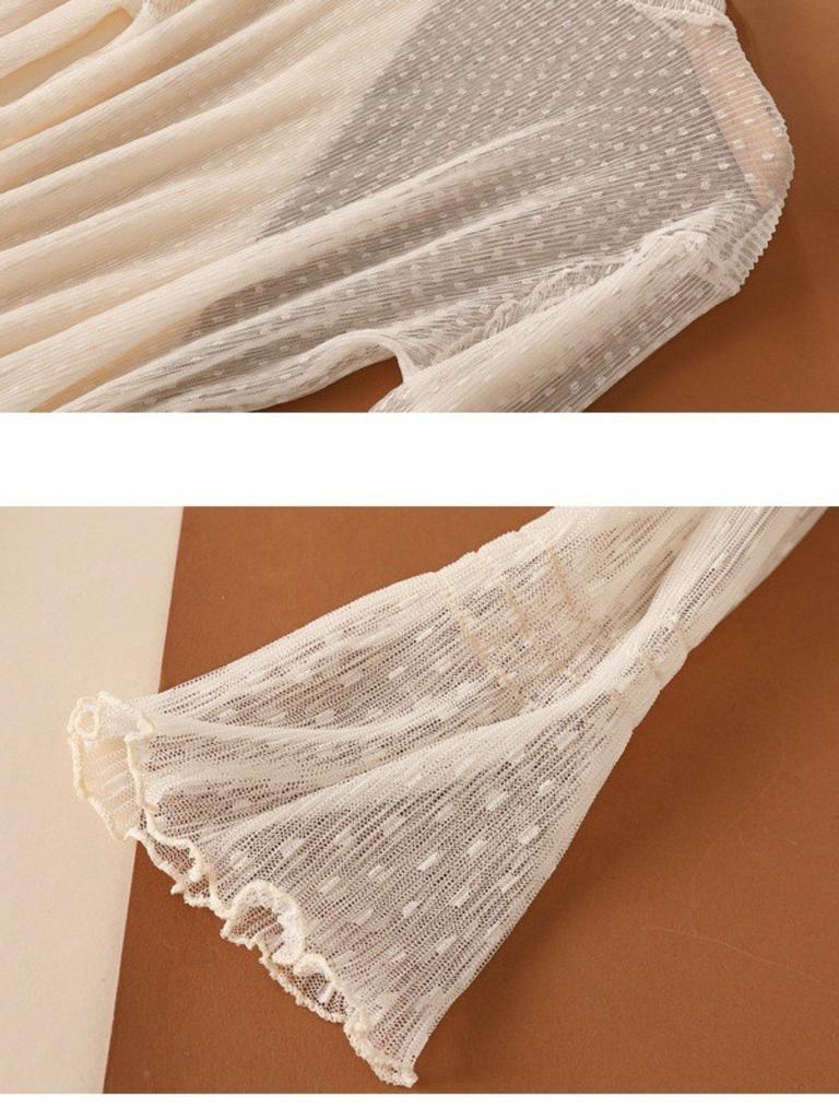 Women T-Shirt See Through Transparent Mesh Tops Long Sleeve Sheer Slim Ladies Turtleneck Silk Ruffled Edge T Shirt Lace Crop Top
