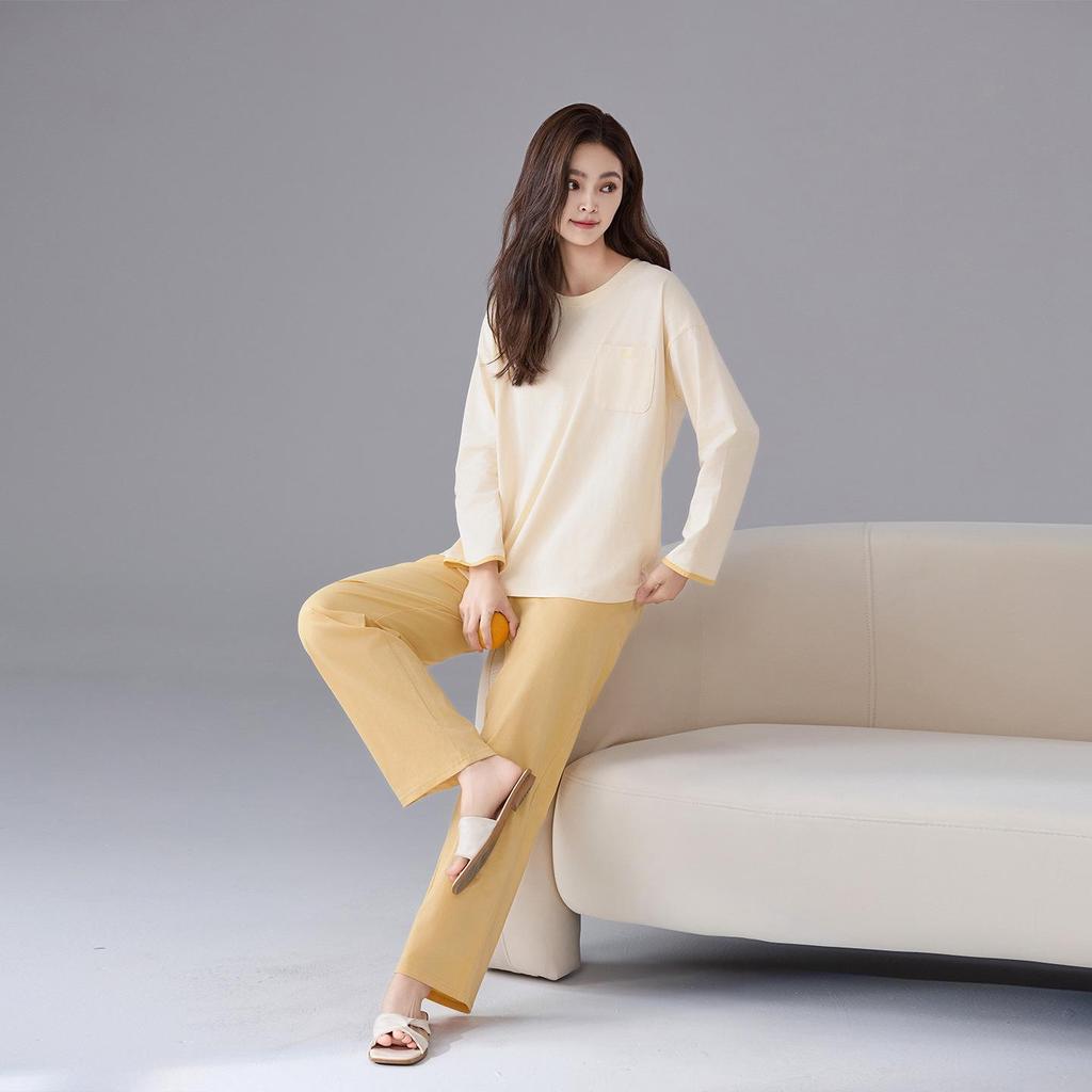 Women's Pure Cotton Pajamas with Chest Pad - Long Sleeve, Plus Size, for Autumn/Winter. Wearable Outdoors, Loose Fit Homewear.