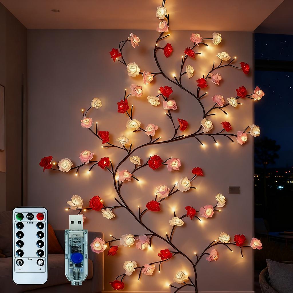 Rose LED Zweiglichter für die Wand, Rose Blumengirlande Zweigdeko Girlande mit 144 LED Lichtern und Fernbedienung, 8 Beleuchtungsmodi, Weihnachtsdekorationen Innen