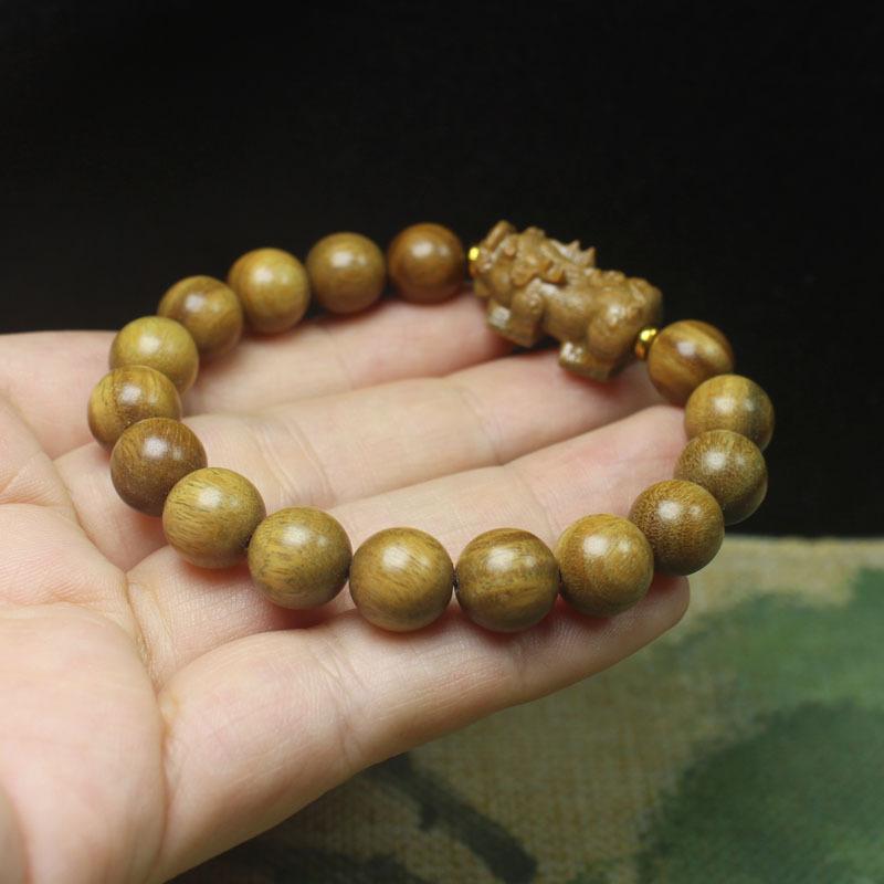 10mm Green Sandalwood Beaded Bracelet Natural Light Fragrance Pixiu Wood Carving Ethnic Style Hand Jewelry Accessories