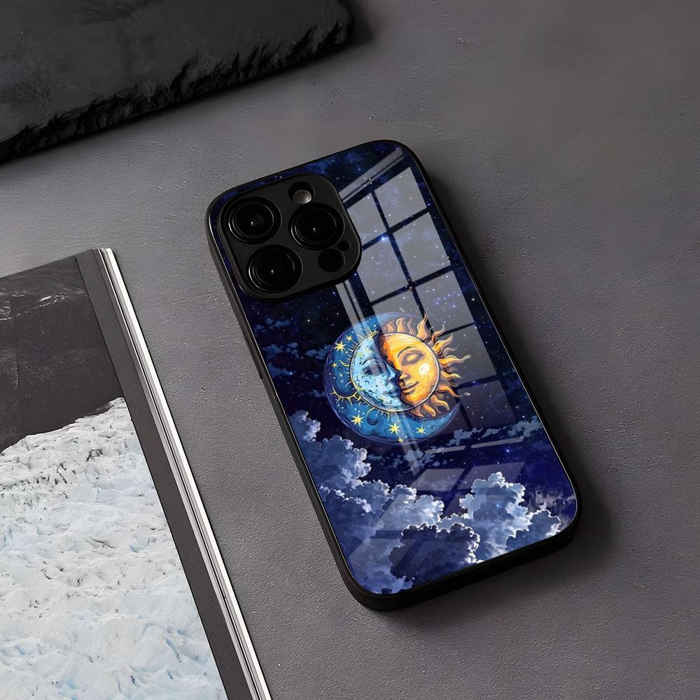 Yinuoda Funny Sun Moon Face Phone Case For IPhone 17 Air 16 E Pro Max 15 14 13 Mini 12 Pro 11 Max Plus Black Glass Cover
