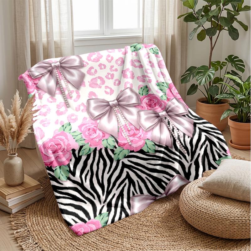 Pink Roses and Bows on Stripes Theme blanket Lightweight Warm Flannel Blanket Decorative Throw Blanket for Home Decoration