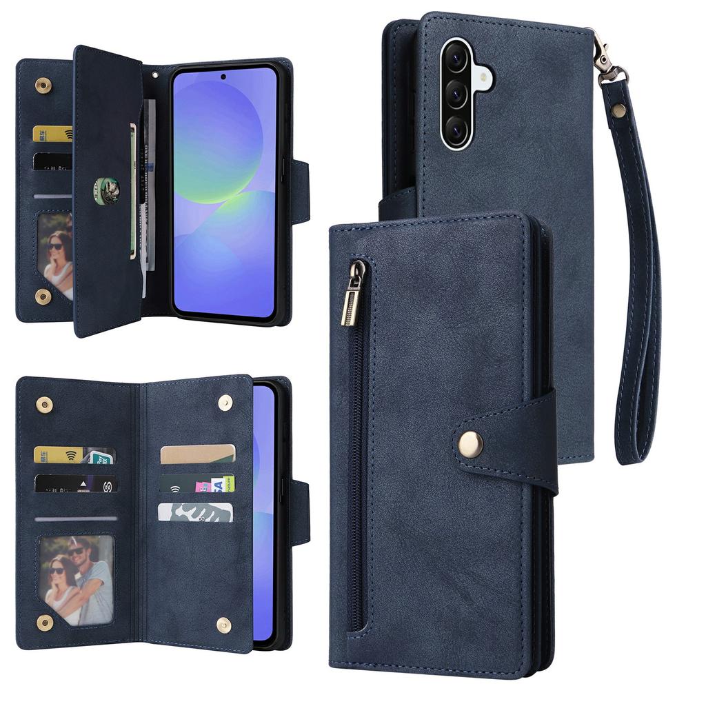 For Samsung Galaxy A37 5G Case Zipper Wallet Rivet Decor Leather Phone Cover with Wrist Strap