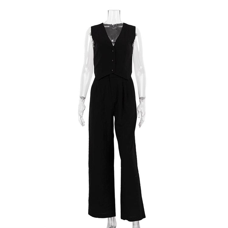 Women's Solid Color Linen Sleeveless Vest High Waist Wide Leg Pants 2 Piece Outfit Casual Co Ord Set