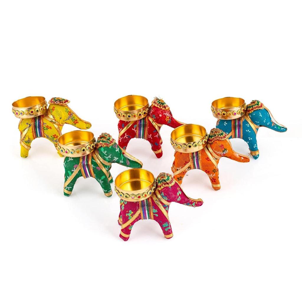Handcrafted Recycled Material Elephant Tealight Candle Holder Home Decoration Item for Diwali (Multicolor, 8 X 5 X 10 Cm) - Pack of 6, Ironc
