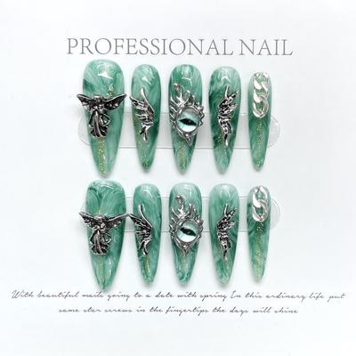 100% FAIT MAIN Long pointu Stiletto Faux Nail Art Ailes Liquides Yeux d'Ange Vert Foncé Estompé Ongles Photothérapie Réutilisables et Amovibles