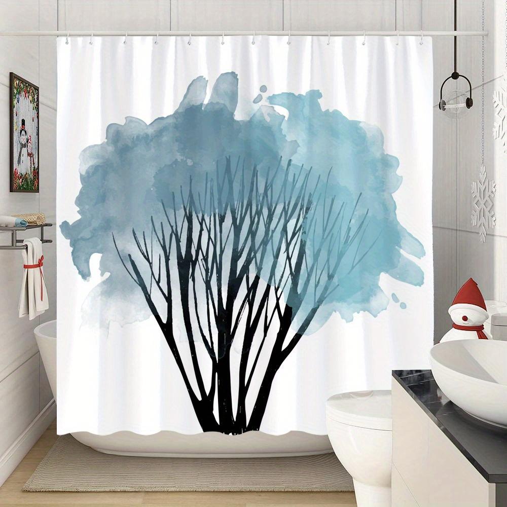 Minimalist Tree Silhouette Shower Curtain - Black Branches, Teal Blue Watercolor, Dreamy Fluid Design, Polyester, Bathroom Decor