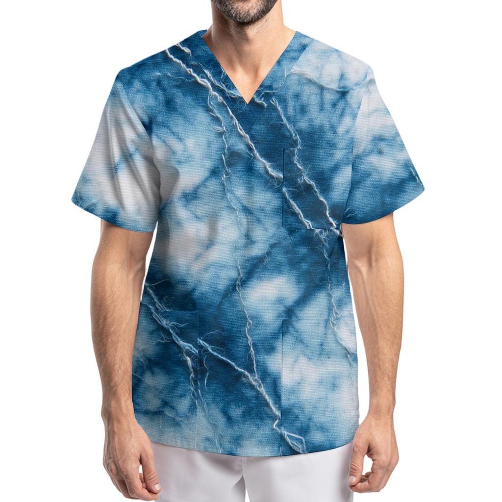 Herrtryck Kortärmad V-ringad Arbetsblus Bröstficka Vårdgivartopp