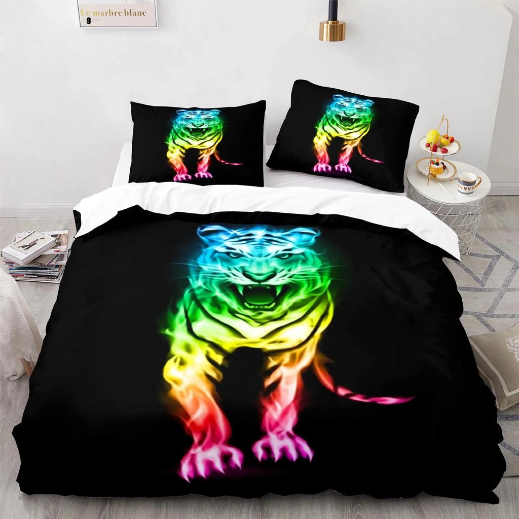 Flame Tiger 3D Bedding Set Cool Golden Duvet Cover Pillowcases Quilt Cover Gift Single Double Twin King Queen Polyester