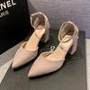 French Bag Head Sandals Women's New Middle Heel Pointed Single Shoes Women's One-word Buckle Thick Heel High Heel Women's Sandals