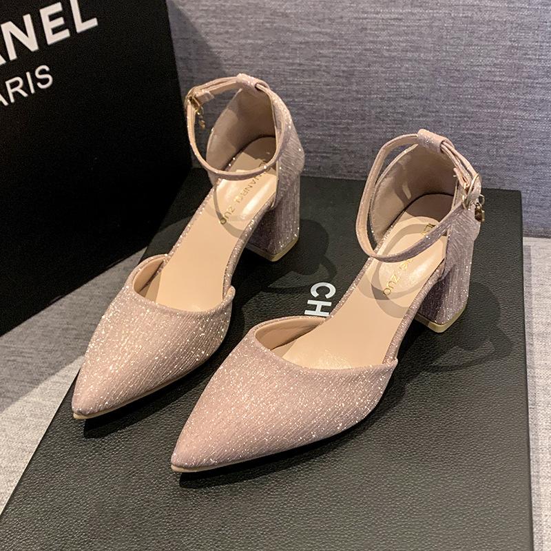 French Bag Head Sandals Women's New Middle Heel Pointed Single Shoes Women's One-word Buckle Thick Heel High Heel Women's Sandals