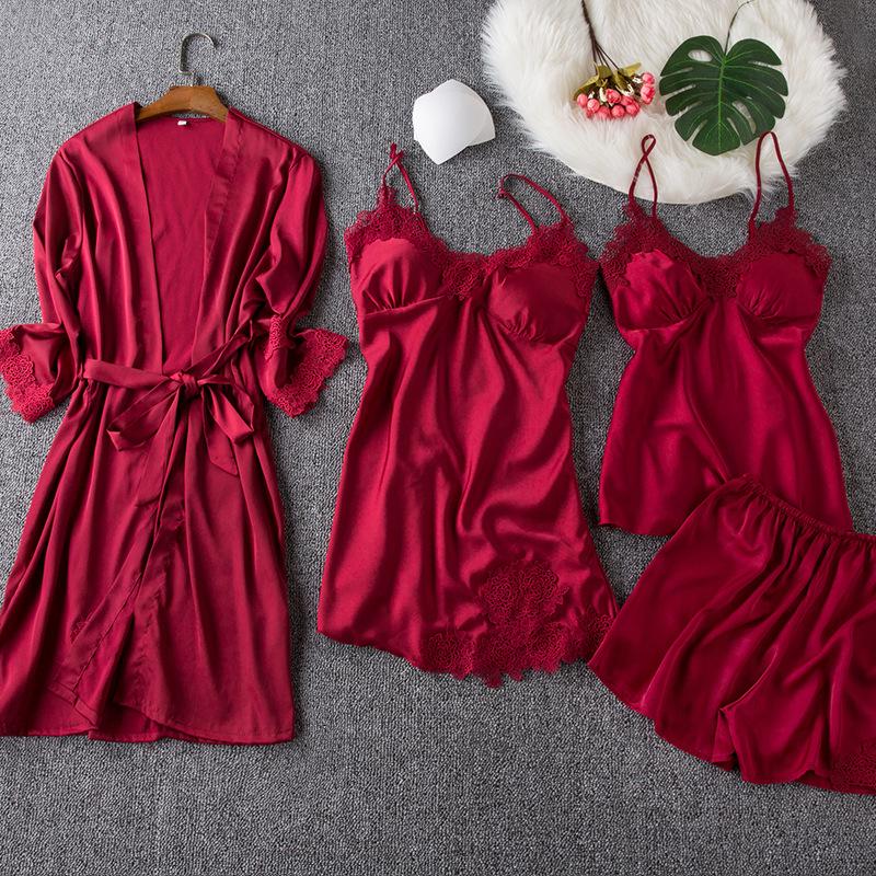 Women's Silk Five-Piece Pajama Set: Spring/Autumn Nightdress & Robe with Chest Pad
