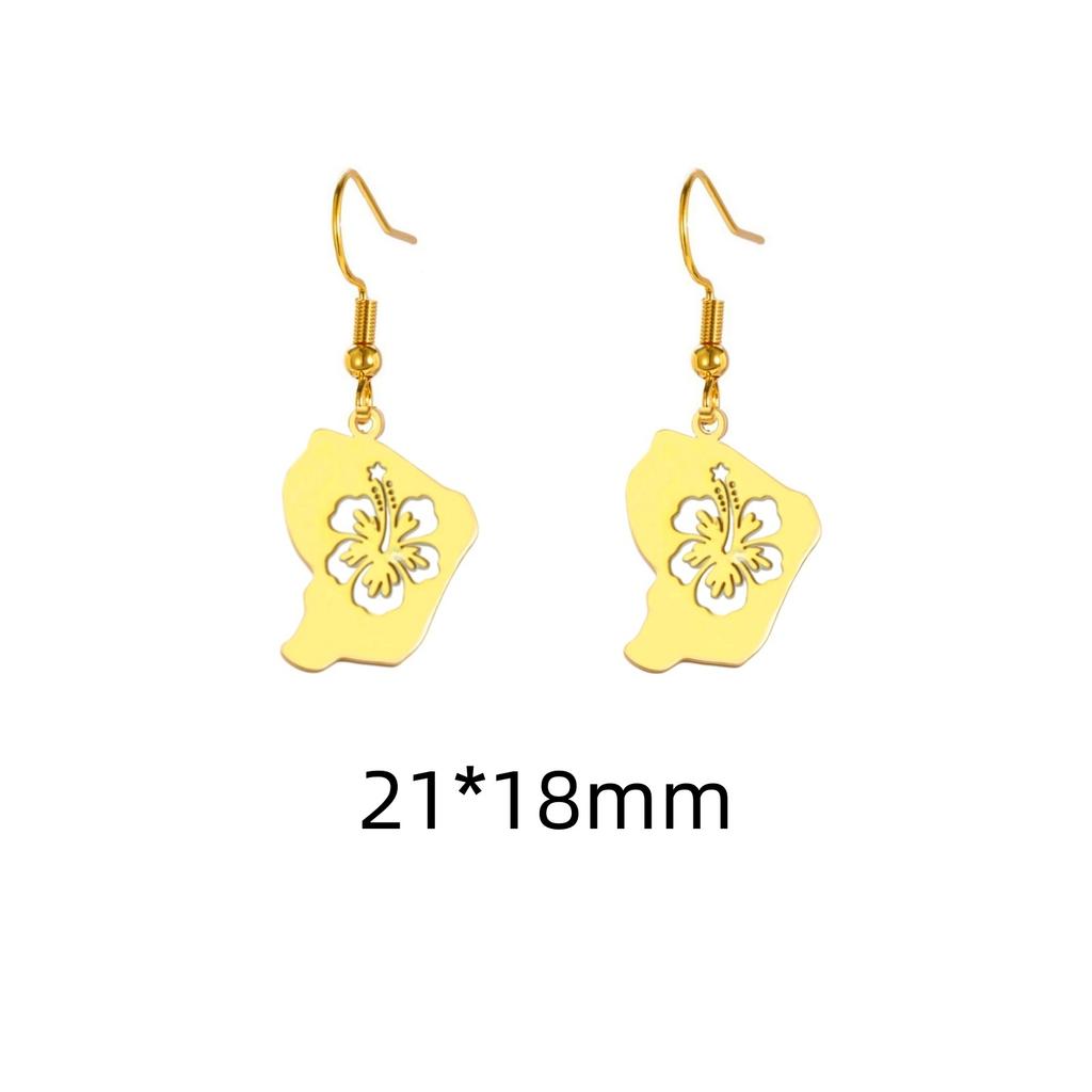 Reunion Map Outline Earrings Hibiscus Guadeloupe Martinique Pendant Earrings Stainless Steel Guyane Map Earrings For Women