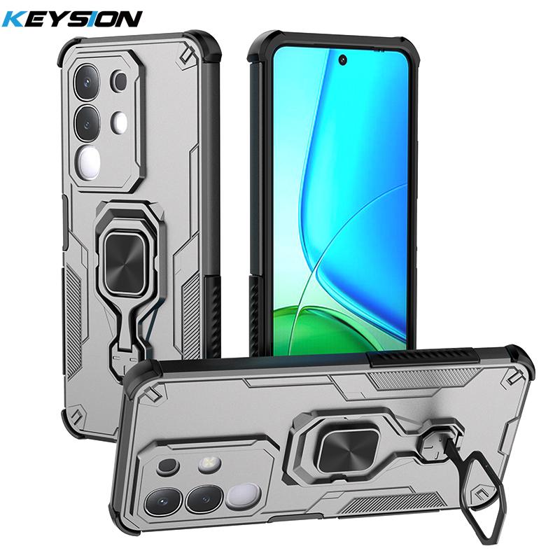 KEYSION Shockproof Armor Case for VIVO Y29 4G Soft Silicone+PC Upright Metal Live Ring Stand Phone Back Cover for VIVO Y29