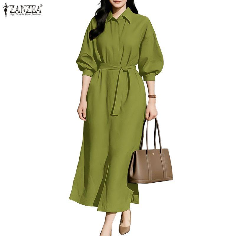 ZANZEA Rochie cămașă lejeră cu mânecă lungă, cu guler răsturnat pentru femei