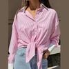 Casual Vintage Striped Long Sleeve ShirtsWomen Loose Lapel Single Breasted Oversize Blouse Fashion Versatile Daily Tops