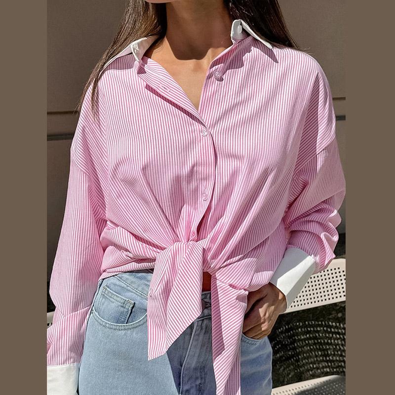 Casual Vintage Striped Long Sleeve ShirtsWomen Loose Lapel Single Breasted Oversize Blouse Fashion Versatile Daily Tops